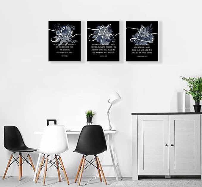 Faith, Hope & Love Bible Verse Inspirational Wall Art, Christian Canvas Wall Art, A Great Religious Decor Gift for Living Room & Bedroom, (8 X 10in X 3 pcs) Framed (Black)