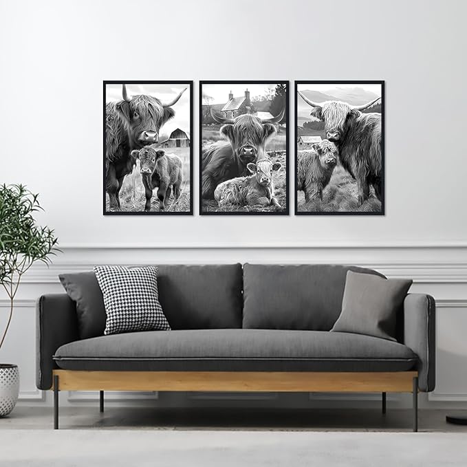 Black White Vintage Highland Cow Framed Canvas Wall Art Farmhouse Highland Cow & Calf Poster for Kitchen Wall Decor Western Country Animals Print Artwork for Gallery Decoration 16x24inchx3pcs