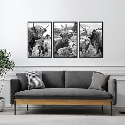 Black White Vintage Highland Cow Framed Canvas Wall Art Farmhouse Highland Cow & Calf Poster for Kitchen Wall Decor Western Country Animals Print Artwork for Gallery Decoration 16x24inchx3pcs