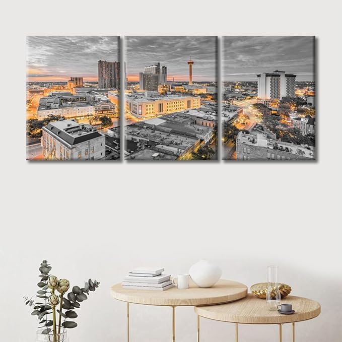 TUMOVO 3 Panel San Antonio Texas USA Downtown City Skyline Modern Artwork Wall Decor Skyscrapers Cityscape Pictures Bathroom Decor Wall Art Print on Canvas Framed Ready to Hang (36" Wx16 H)
