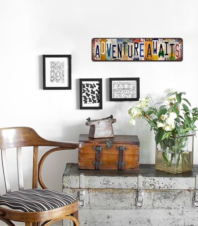 Adventure Awaits Vintage Metal Tin Sign - Rustic Inspirational Wall Art for Home, Office, Cabin, Travel Décor - 4x16 Inch