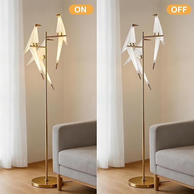 Nordic Paper Crane Floor Lamp, 3-Light Artistic Standing Lamp with LED Lighting, Modern Bird Design with Metal Frame, Decorative Floor Lamp for Living Room, Bedroom, Office & Reading Corner