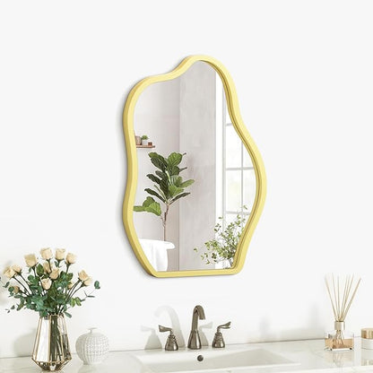 Asymmetrical Wooden Framed Wall Mirror Irregular Mirror for Wall Decor Modern Unique Shape Vanity Artistic Cloud Mirrors Decorative for Living Room Bedroom Bathroom Entryway Yellow