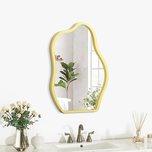 Asymmetrical Wooden Framed Wall Mirror Irregular Mirror for Wall Decor Modern Unique Shape Vanity Artistic Cloud Mirrors Decorative for Living Room Bedroom Bathroom Entryway Yellow