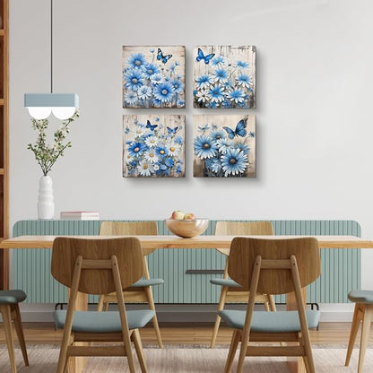 TTHYUEWS Canvas Wall Decor For Bedroom Room Wall Art For Living Room Abstract Blue Flowers Paintings Wall Artworks Hang Pictures For Office Decoration Posters Prints Art Kitchen Home Decor 4 Piece