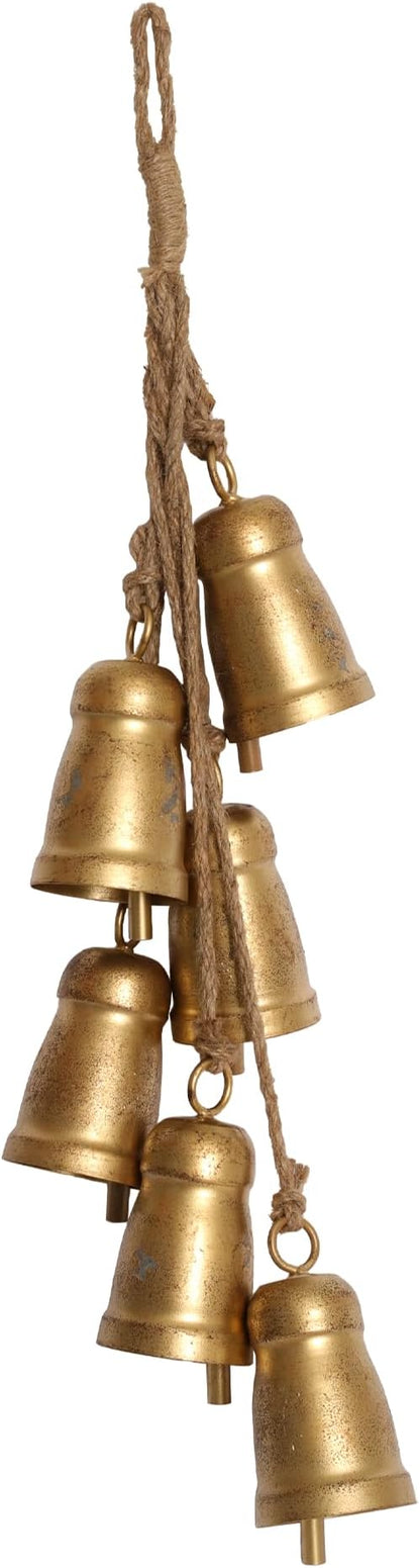 Vintage Gold Metal Cow Bell Garland, Set of 6 Handmade Hanging Bells with Jute Rope, Rustic Farmhouse Ranch-Style Distressed Bells for Porch Wreath Walls Mantels Patio Xmas Décor
