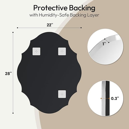 Frameless Wall Mirror 28x22 Inch, Decorative Scalloped Vanity Mirror with Beveled Edge for Bathroom, Entryway & Bedroom