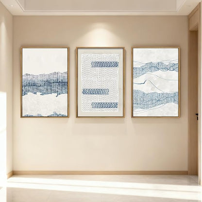 IARTTOP Large Blue Abstract Canvas Wall Art Framed 24x36 Inch Neutral Minimalist Modern Wall Art Mid Century Boho Artwork for Living Room Bedroom Office Set of 3