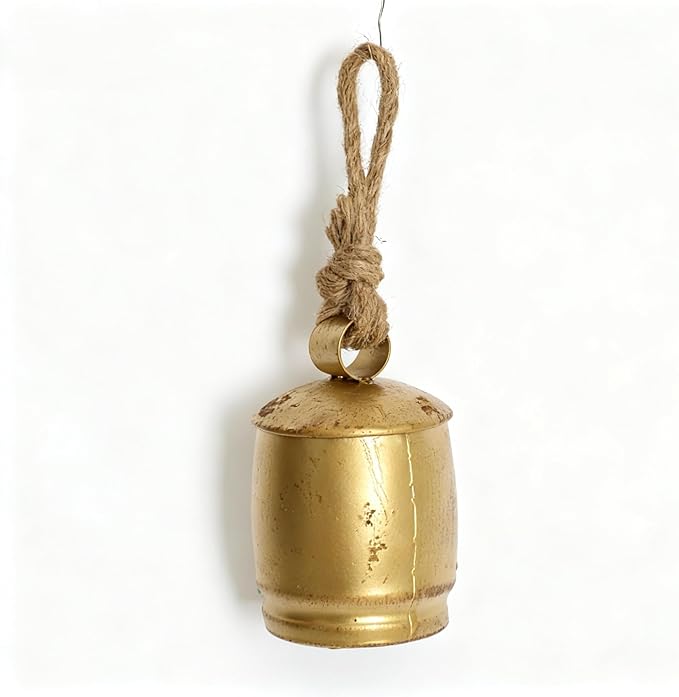 Handmade Vintage Gold Metal Cow Bell Ornament, 5 Inch Rustic Farmhouse Hanging Bell with Jute Rope, Distressed Antique Bell for Door Handles, Wreaths, Wall Hooks, Mantels & Porch Décor