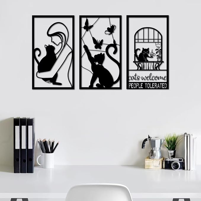 GSANMU Metal Cat Butterfly Wall Decor - Set of 3 Cute black line decor Iron Hanging Wall Art for Living Room and Bedroom 17×10 inch