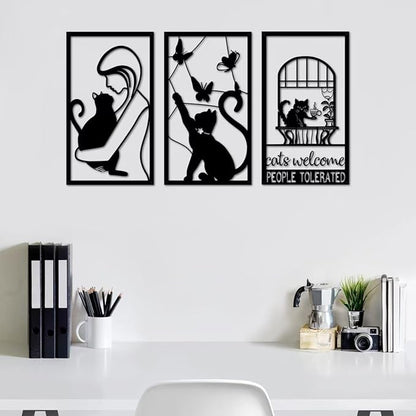 GSANMU Metal Cat Butterfly Wall Decor - Set of 3 Cute black line decor Iron Hanging Wall Art for Living Room and Bedroom 17×10 inch