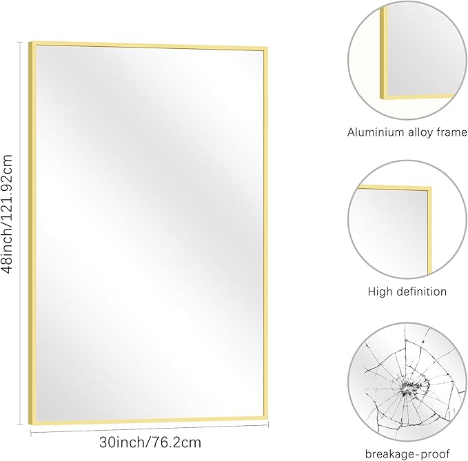 COFENY Gold Bathroom Mirror for Wall, 30x48 Inch Rectangle Mirrors with Metal Frame, Modern Vanity Wall Mirror Decor for Bathroom Living Room, Entryway Hangs Horizontal or Vertical