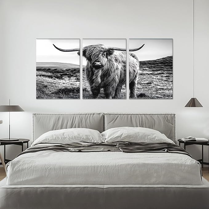 Funny Highland Cow Canvas Wall Art Vintage Farmhouse Cow Picture for Bathroom Wall Decor Black and White Animal Print Artwork for Country House Living Room Bedroom Decoration 20x28inchx3pcs