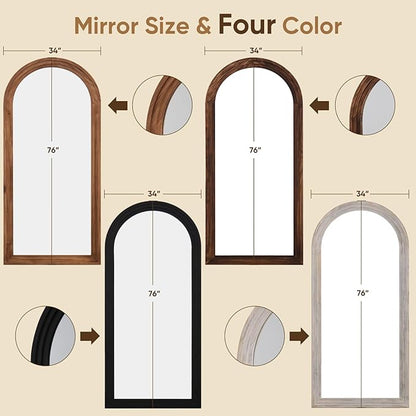 Full Length Mirror, 76"x34" Wooden Mirror Full Length with Stand Wood Floor Mirror, Oversized Stand Up Mirrors Large Wall Mirrors, Wall Mounted Mirrors, Arched Wood Style, White