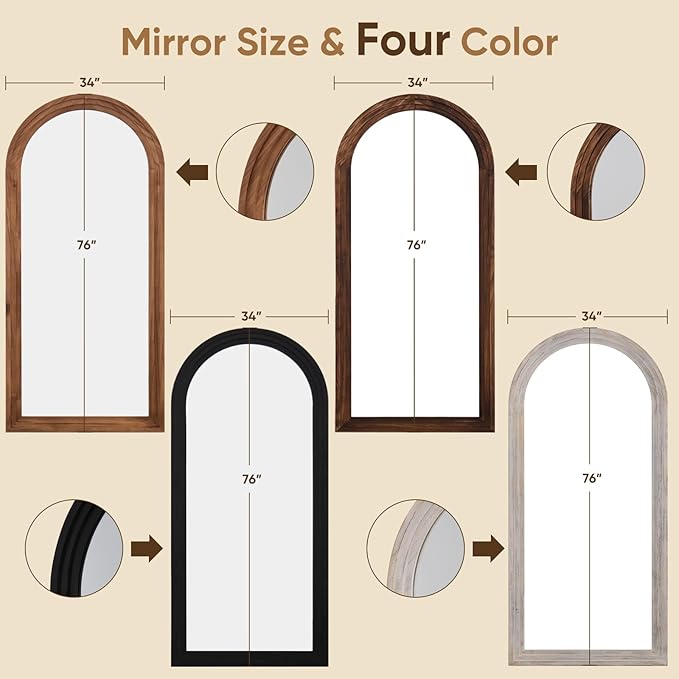 Full Length Mirror, 76"x34" Wooden Mirror Full Length with Stand Wood Floor Mirror, Oversized Stand Up Mirrors Large Wall Mirrors, Wall Mounted Mirrors, Arched Wood Style, Black
