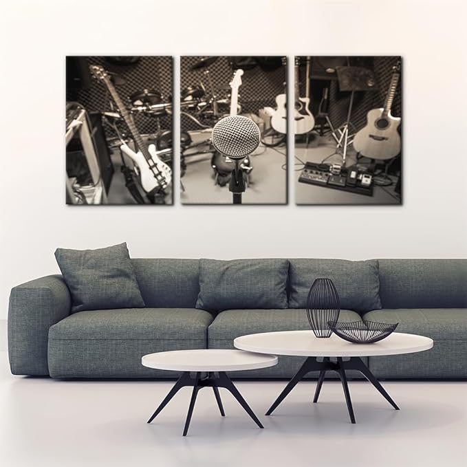 Pacimo 3 Panels Music Artistic Paintings Wall Art The Music of The Band Guitar and Shelf Drum Piano Pictures Print on Canvas for Modern Home Decoration for Living Room Framed Ready to Hang - 20"x28"x3