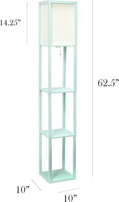 Simple Designs LF1014-AQU-LB Three Shelf Etagere Organizer Storage Floor Lamp with White Linen Shade for Living Room, Bedroom, Office, Hallway, Aqua, with Feit LED Bulb Included