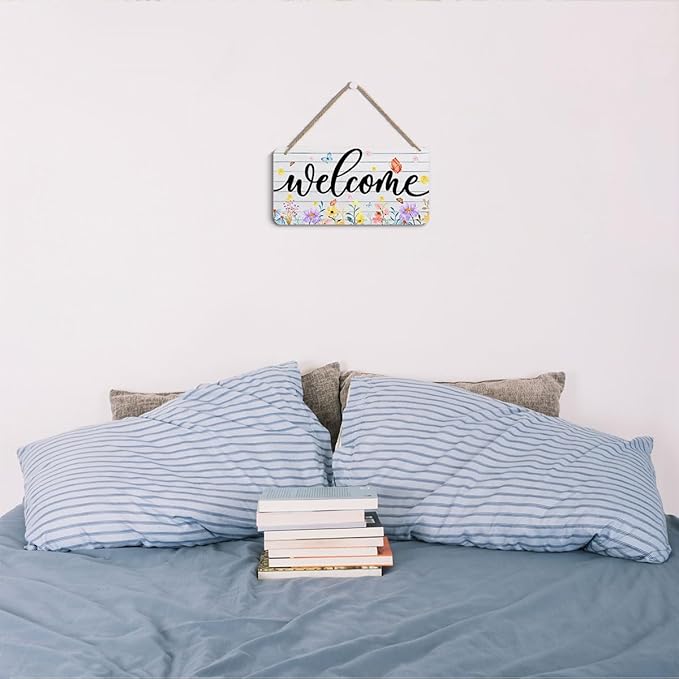 Spring Summer Wildflower Welcome Signs Wall Decor, Watercolor Butterfly Wooden Wall Art, Rustic Decorative Hanging Sign for Home Farmhouse Front Door, Housewarming Welcome Gifts