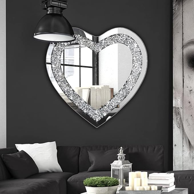 DMDFIRST Crystal Crush Diamond Heart Shaped Silver Mirror for Wall Decoration 24x24x1 inch Wall Hang Frameless Mirror Acrylic Diamond Décor.