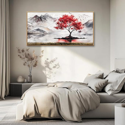 QIYILEXWART Wood Framed Canvas Wall Art For Living Room Wall Decor For Bedroom Office Wall Decorations Red Tree Painting Farmhouse Pictures Artwork Room Aesthetic Home Decor