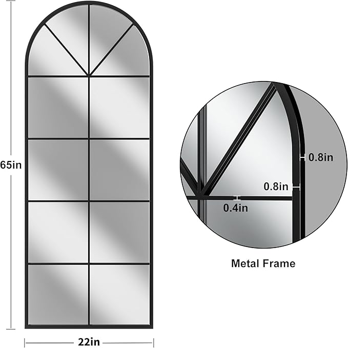Prywot Full Length Mirror, 65"x22" Arched Window Pane Mirrors for Wall Decor, Black Full Body or Wall Mounted Mirrors, Farmhouse Standing Mirror Hanging or Leaning for Living Room, Entryway, No Stand