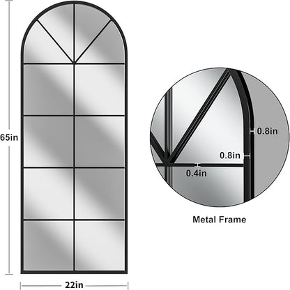Prywot Full Length Mirror, 65"x22" Arched Window Pane Mirrors for Wall Decor, Black Full Body or Wall Mounted Mirrors, Farmhouse Standing Mirror Hanging or Leaning for Living Room, Entryway, No Stand