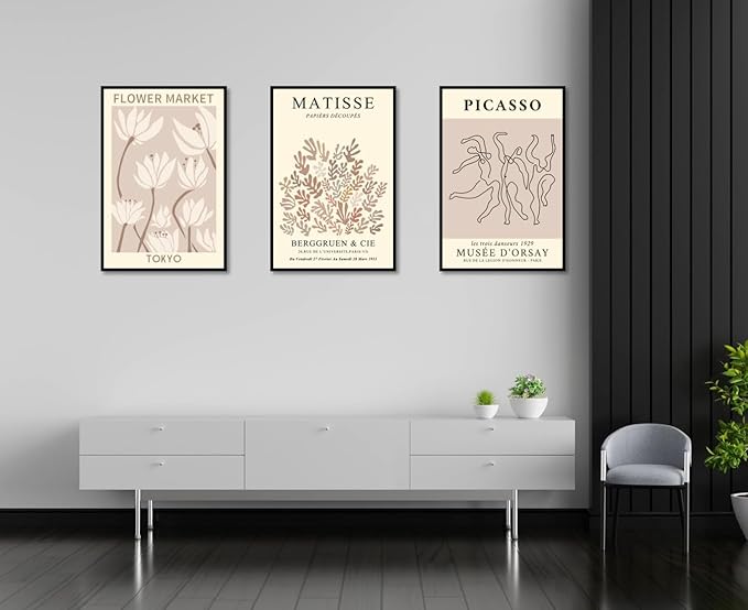 MINI ZOZI Matisse Wall Art Flower Market Prints 16X24 3PCS Picasso Wall Decor Large Canvas Beige Posters Trendy Funky Aesthetic Abstract Line Minimalist Poster Danish Pastel Painting Bedroom Printing