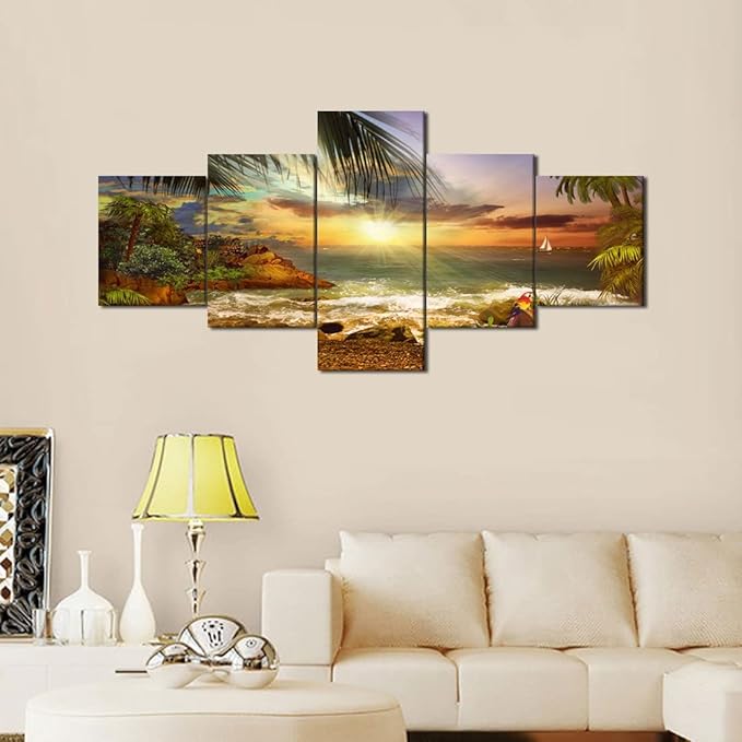 Yatsen Bridge Sea Landscape Wall Art Set Beach Waves Palm Sunset Modern Pictures Painting on Canvas Scene of Sea Artwork for Living Room Bedroom Home Decor Framed Ready to Hang - 50''W x 24''H