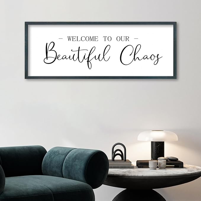 FZMHASLWW Welcome To Our Beautiful Chaos Sign Wall Decor 32"×12" Family Wooden Plaque for Living Room Entryway Hanging Wall Art (Black)