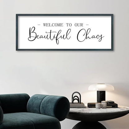 FZMHASLWW Welcome To Our Beautiful Chaos Sign Wall Decor 32"×12" Family Wooden Plaque for Living Room Entryway Hanging Wall Art (Black)