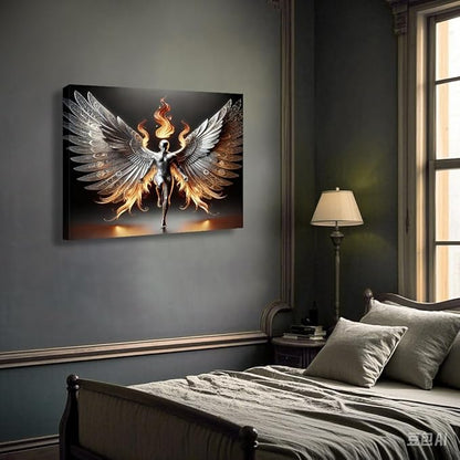 3D Metal Angel Wall Art Mural Futurism Poster Cybernetics Wing Warriors Canvas Printed Images Science Fiction Robot Artwork with Wings of Fire Modern Fantasy Gallery Decoration, Living Room Bedroom Office Manhole 16x24 inches