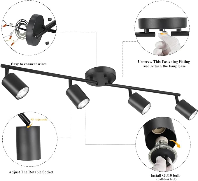 BoostArea LED 4 Light Track Lighting Kit, Black 4 Way Ceiling Spot Lighting, Flexibly Rotatable Light Head for Kitchen, Living Room, Bedroom, Bulb Not Included