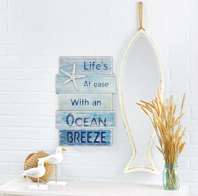 Coastal Wall Decor for Home, Beach Wall Art Wooden Hanging Sign with Starfish Element, Perfect Beach Themed Room Decor and Ocean Decor for Bathroom Bedroom Coastal Living Spaces 11.5" x 17"