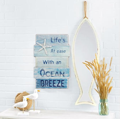 Coastal Wall Decor for Home, Beach Wall Art Wooden Hanging Sign with Starfish Element, Perfect Beach Themed Room Decor and Ocean Decor for Bathroom Bedroom Coastal Living Spaces 11.5" x 17"