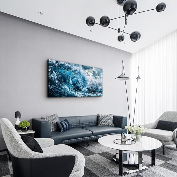 ERQINHUA Blue Wave Canvas Wall Paintings Wall Art For Living Room Wall Decor For Bedroom Ocean Inspiration Pictures Office Mural Posters Modern Home Decor Aesthetics Artwork Ready To Hang 20"X40"