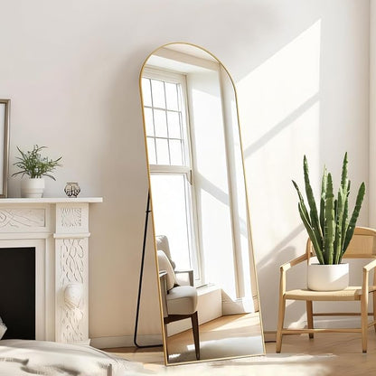 Arched Mirror Full Length, Upgraded 16"x59" Body Wall Mirrors with Shatter-Proof Glass, Floor Standing, Hanging or Leaning, Tall Arch Mirror with Stand Aluminum Alloy Frame for Bedroom, Gold