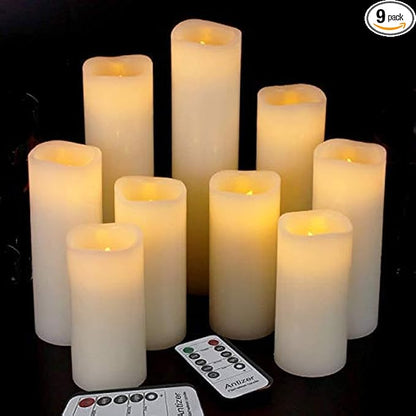 antizer Flameless Candles Led Candles Pack of 9 (H 4" 5" 6" 7" 8" 9" x D 2.2") Real Wax Battery Candles with Remote Timer for Home Fireplace Decor Wedding Festival Decor (Ivory 9 Pack)