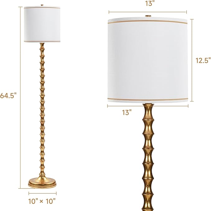 EUO 64.5" Vintage Gold Floor Lamp, Mid-Century Modern Tall Standing Lamp with White Linen Drum Shade, Glam Metal Floor Lamp for Living Room Bedroom Corner Home Office
