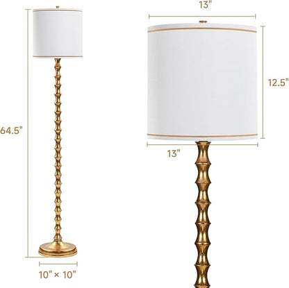 EUO 64.5" Vintage Gold Floor Lamp, Mid-Century Modern Tall Standing Lamp with White Linen Drum Shade, Glam Metal Floor Lamp for Living Room Bedroom Corner Home Office
