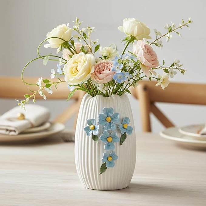 White Ceramic Vase - 7 inch Small Boho Vases Home Decor, 3D Floral Modern Vase for Pampas Grass, Centerpieces for Table, Kitchen, Living Room, Bathroom Decor