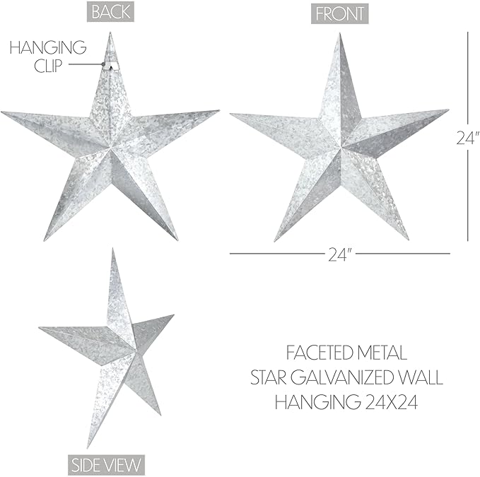 VHC Brands Patriotic Faceted Metal Star Galvanized Wall Hanging 24x24, Independence Day Decor, American Star Design, Distressed Appearance Metal Wall Hanging