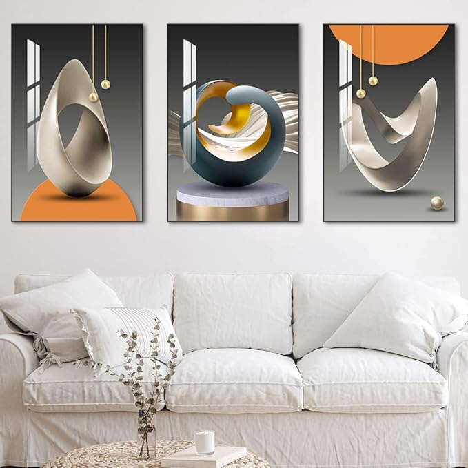 MPLONG Wall Art, Bright Style Framed Wall Art, Abstract Modern Art Shape Pattern White Blue Yellow Grey Wall Art Artfully Matching Living Room Bedroom Office Wall Decor - 20"x 28"x 3 Panels