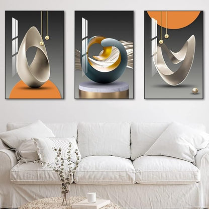 MPLONG Wall Art, Bright Style Framed Wall Art, Abstract Modern Art Shape Pattern White Blue Yellow Grey Wall Art Artfully Matching Living Room Bedroom Office Wall Decor - 20"x 28"x 3 Panels