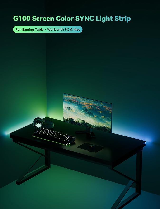 RGB Backlight for PC & Mac, LED Strip Light Sync with Screen Color or Music, Stick to the Edge of Your Desk, LEDs for Desk Gaming, USB Port, Software Control, 4.6ft / 1.6m