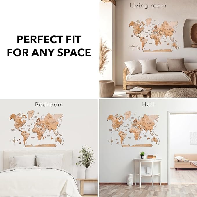 Enjoy The Wood 3D Wooden World Map Wall Art - Large Travel Map with Pins for Art Decor - Decorative Map of the World for Home, Office - Travel Wall Art Housewarming Gift Idea (Light, M, Unframed)