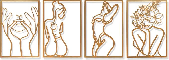 AMAATE Gold Metal Wall Art, 4 Pieces Minimalist Female Body Line Art Sculpture, Hollowed Out Abstract Woman Figure Metal Hanging Decor for Living Room Bedroom Bathroom 14.6" X 22.5" in