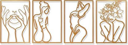 AMAATE Gold Metal Wall Art, 4 Pieces Minimalist Female Body Line Art Sculpture, Hollowed Out Abstract Woman Figure Metal Hanging Decor for Living Room Bedroom Bathroom 11" X 14.6" in