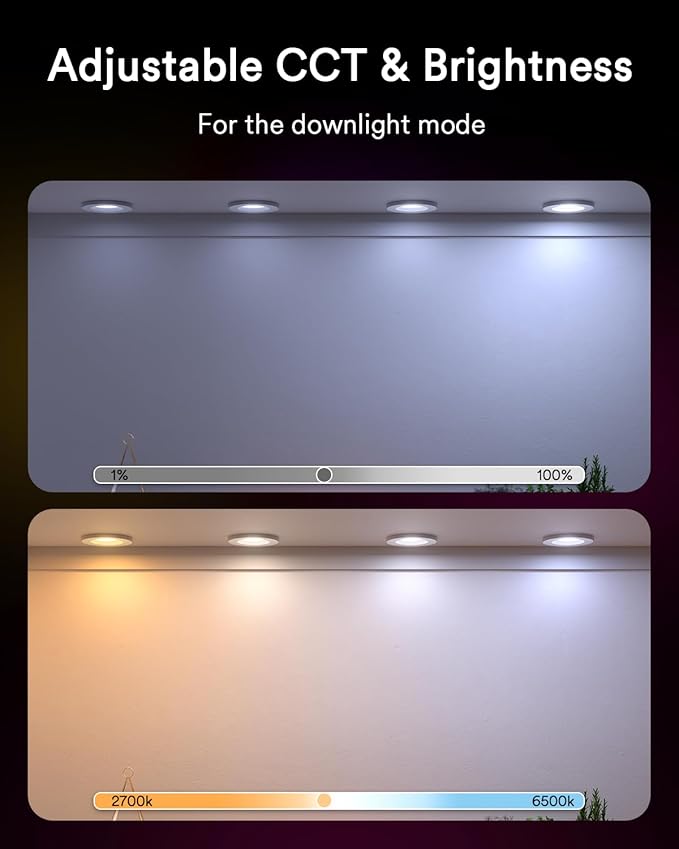 Smart Recessed Lighting 6 Inch, Dual Light RGBCW LED Can Lights with Music Sync, Anti-Glare Color Changing Ceiling Light Compatible with Alexa/Google, Dimmable Retrofit Downlight for Bedroom, 4 Pack