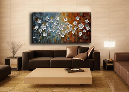 YaSheng Art - 100% Hand painted Contemporary Art Oil painting On Canvas white Flowers Abstract Paintings Modern Home Decor Wall Art for living room Bedroom Framed Ready to Hang 20x40inch