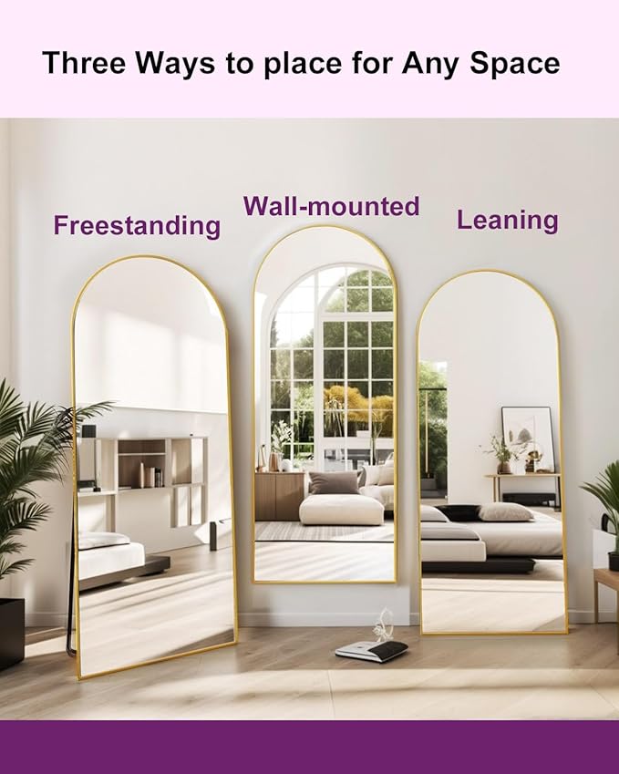 DMWOODFL 71"x26" Arched Full-Length Mirror with Explosion-Proof HD Glass - Oversized Floor or Wall-Mounted Full Body Mirror for Bedroom, Living Room, and Cloakroom (Gold)